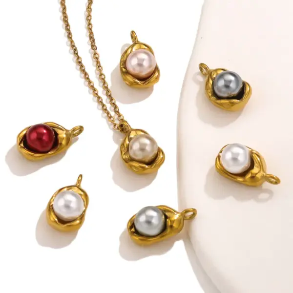 Wholesale 5 PCS/Package Stainless Steel Artificial Pearls PVD Coated Real Gold Plated Solid Color Pendant DIY Jewelry Accessories