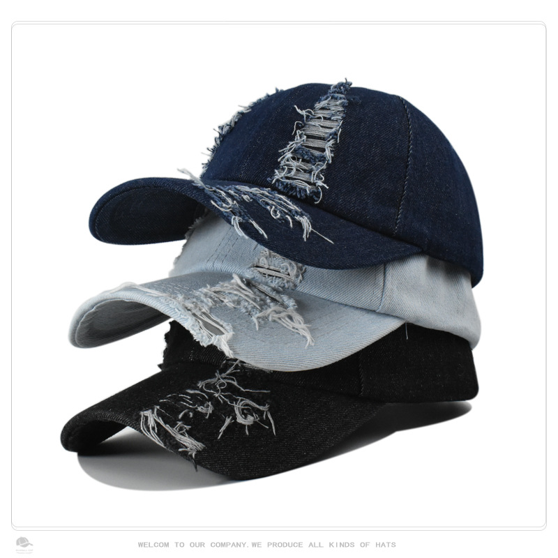 Wholesale Cross-Border Hat Women's Washed Denim Personalized Fashionable Hole Men's Baseball Cap Outdoor Sun Hat Sun Protection Peaked Cap