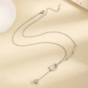 X024 Letter D Tassel Square Necklace Steel Color