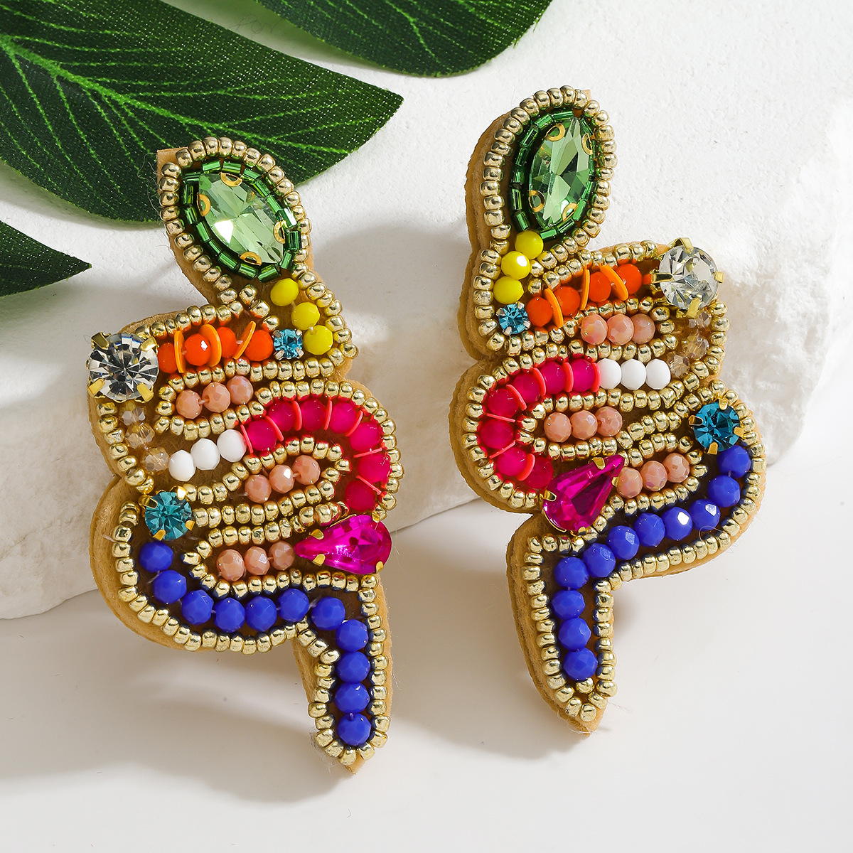 Wholesale Cross-Border European and American Hot-Selling Earrings, New Snake-Shaped Earrings, Handmade Rice Beads, Personalized Fashionable Colorful P