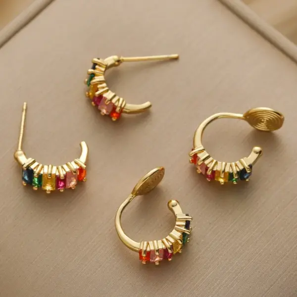Wholesale Colorful Zircon Earrings Luxury Niche Design High-End Feelings Mosquito Coil Tray No Piercing Rainbow Clip C-Shape Women's Earrings