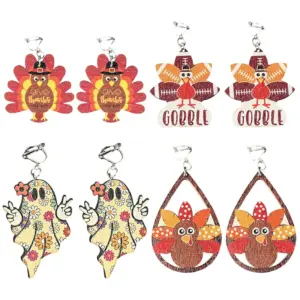 Wholesale Cartoon Wooden Vintage Ear Cuffs For Children Thanksgiving Series Flower Ghost Design No Piercing Required Animal Zodiac Theme