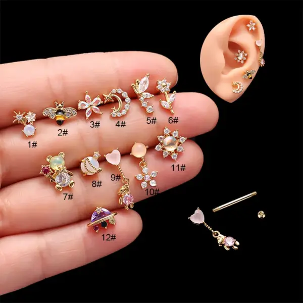 oly-9811297cd86eae7d6fdaae9f908c5390 Wholesale Copper Rhinestones Ear Cartilage Rings & Studs Heart Shape Flower Waterproof Non Tarnish Surgical Steel Women'S