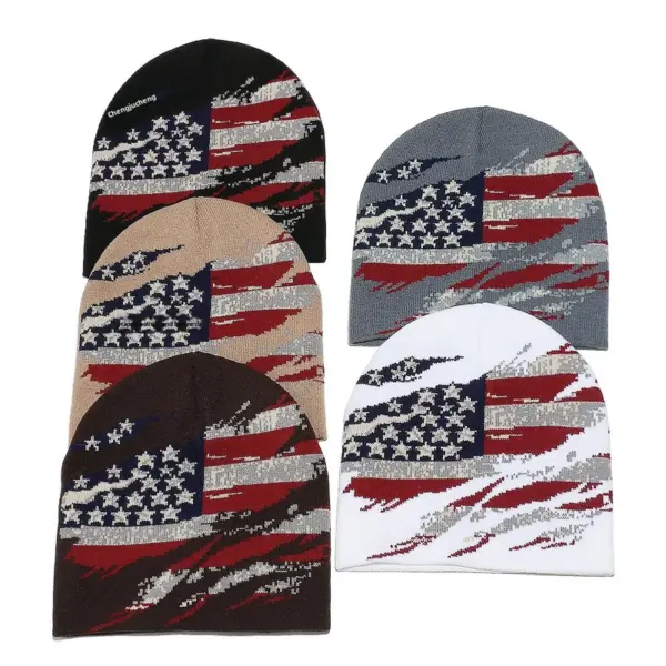 oly-98292cc8e0df74a56d5ca8e658041eda Wholesale Men's Winter Knitted Hat American Flag Star Embroidery Ear Protection Woolen Cap Vintage Style Overhead Design Autumn Season