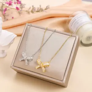 Wholesale Simple Style Bow Knot Titanium Steel Inlay Zircon Pendant Necklace 1 Piece