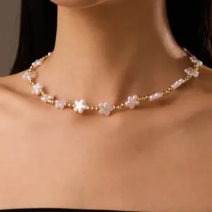 Wholesale Women’s Star Choker Necklace With Waterproof Non Tarnish Copper, Golden Plated Finish And Imitation Pearl Beaded Chain