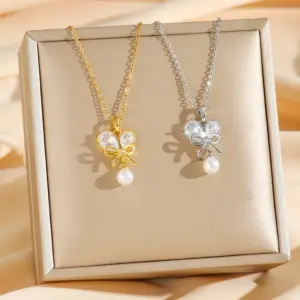 Wholesale Fashion Vacuum Electroplated Imitation Gold Pearl Butterfly Inlaid Titanium Steel Necklace For Women Simple Heart-shaped Collarbone Chain Jewelry Elegant Quality