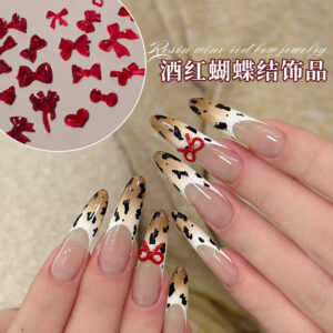Wholesale Popular Bow Nail Art Jewelry Burgundy Resin Frosted Mini Stereo Streamer Butterfly Bow Tie Nail Decoration