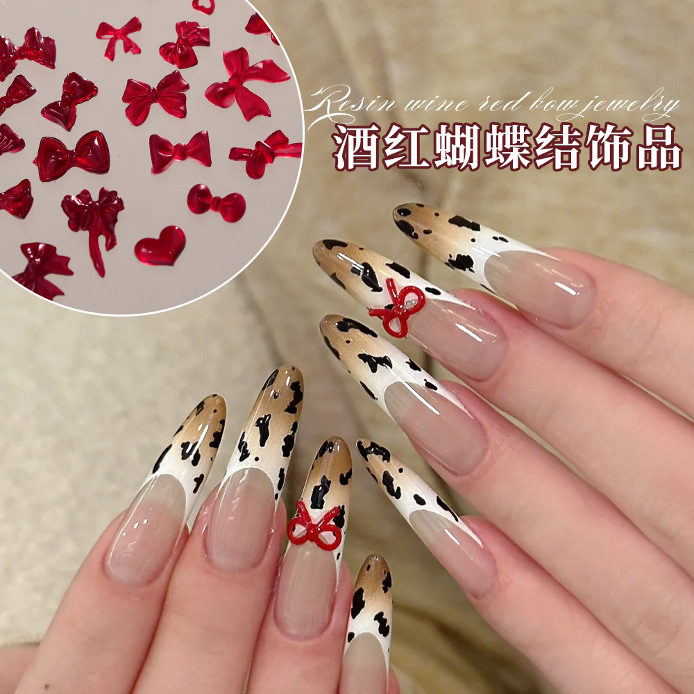 Wholesale Popular Bow Nail Art Jewelry Burgundy Resin Frosted Mini Stereo Streamer Butterfly Bow Tie Nail Decoration