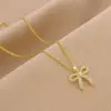 Wholesale Fashion Bow Knot Titanium Steel Hollow Out Inlay Rhinestones Pendant Necklace 1 Piece
