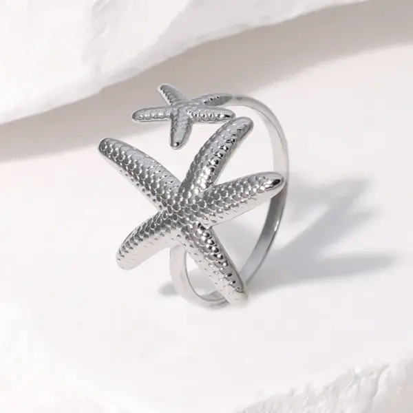oly-9899c7142f167a894605861407eb908a Wholesale PVD Coated Real Gold Plated 18K Gold Animal Starfish 304 Stainless Steel Vacation Beach IG Style Waterproof Non Tarnish Open Rings