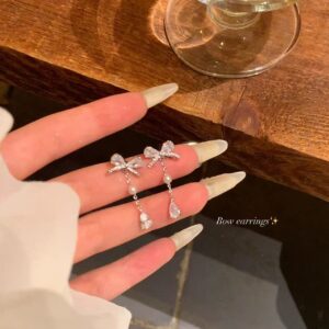 E6859 silver-korean style flash zirconia bow water drop earrings