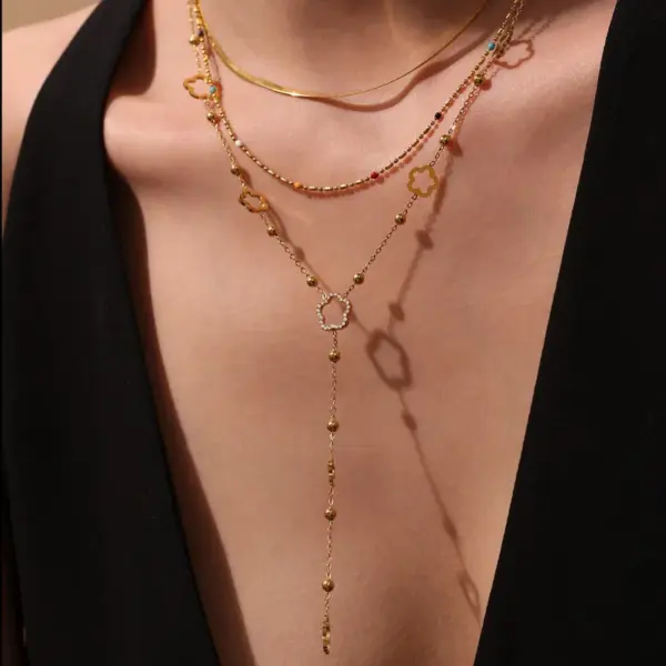 Wholesale 5A Zirconia Flower Small Beads Glue Diamond Lockbone Necklace 18K Gold Plated Stainless Steel Versatile Y-Shaped Jewelry Accessory