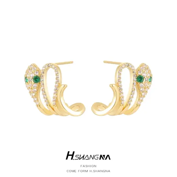 Wholesale Snake Stud Earrings For Women With 925 Sterling Silver Posts, Copper Base, And 14K Real Gold Plated Rhinestones