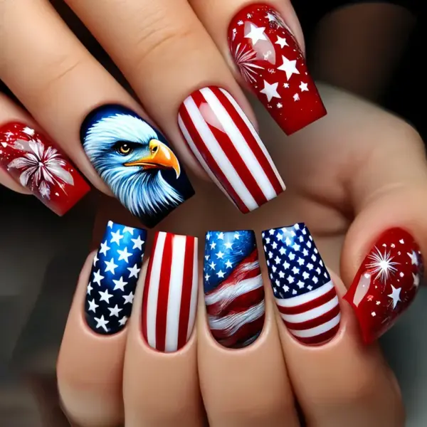 oly-98bb3fe24af7fe781f33745dbfa51e7b Wholesale Moderate Length European Nail Stickers White Eagle Star Stripes Design Independence Day Theme Nail Stickers