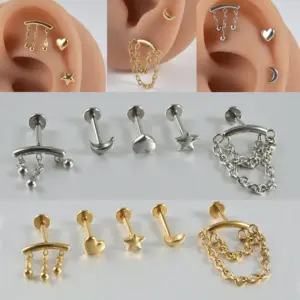 Wholesale 1 Piece 304 Stainless Steel Stone-Free Casual Hawaiian Tropical Lip Rings Star Moon Ion Plating (IP) 18K Gold Plated Ear Cartilage Rings & Studs
