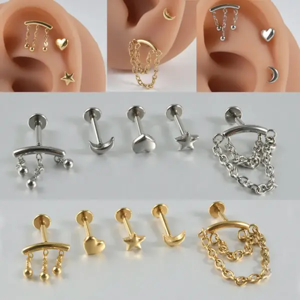Wholesale 1 Piece 304 Stainless Steel Stone-Free Casual Hawaiian Tropical Lip Rings Star Moon Ion Plating (IP) 18K Gold Plated Ear Cartilage Rings & Studs