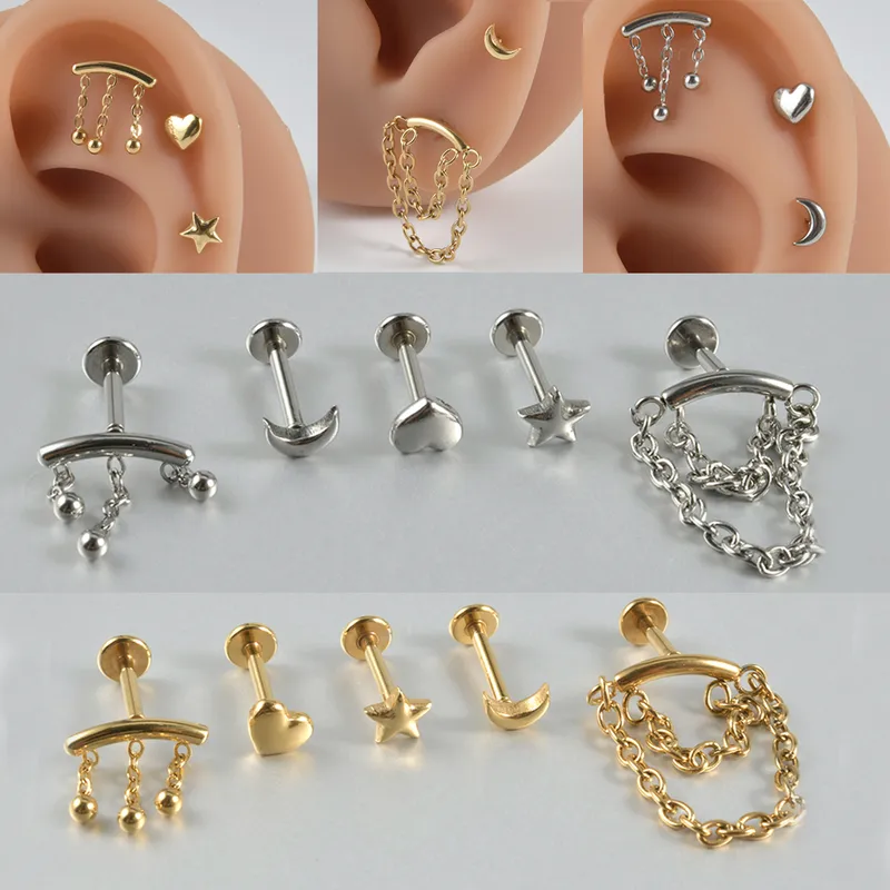 Wholesale 1 Piece 304 Stainless Steel Stone-Free Casual Hawaiian Tropical Lip Rings Star Moon Ion Plating (IP) 18K Gold Plated Ear Cartilage Rings & Studs