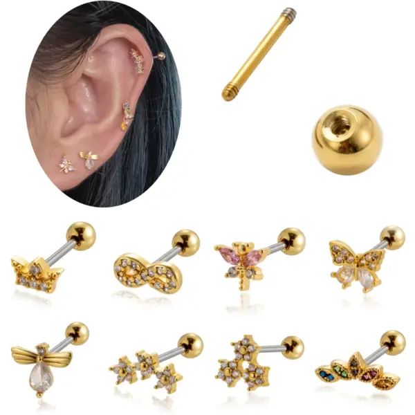 Wholesale 1 Piece Ear Cartilage Rings & Studs Vintage Style French Style Simple Style Crown Flower Butterfly 316L Stainless Steel Copper Waterproof Non Tarnish Surgical Steel Zircon