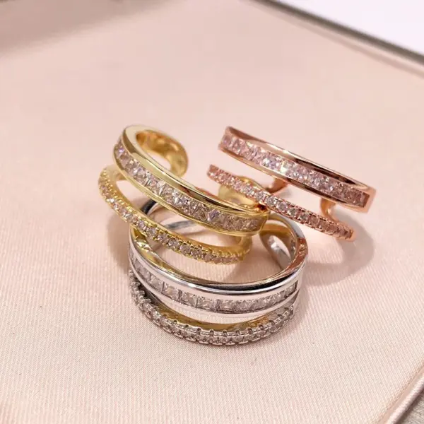 Wholesale Women’s C Shape Open Ring In Brass With 18K Real Gold Plated Water Plating And Zircon Inlay, Featuring Bezel Setting