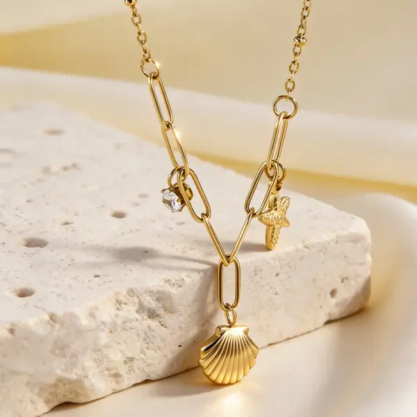 Wholesale Waterproof Cross Pendant Necklace For Women In 304 Stainless Steel With Zircon Inlay, 18K Gold Plated, 0.03µm Cable Chain