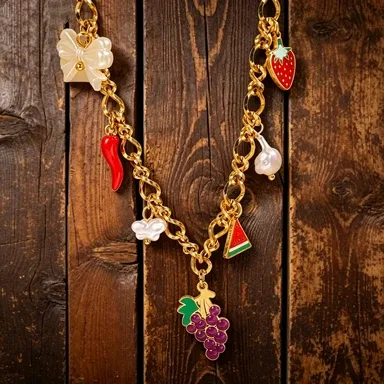Wholesale Waterproof Fruit Necklace For Women, 304 Stainless Steel With 18K Gold Plated Finish And Zircon Inlay, Box Chain