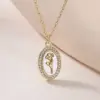 Wholesale Minimalist Vintage Copper Plated 18K Gold Inlaid Zircon Mother-of-Pearl Rose Flower Oval Pendant Necklace For Women Geometric