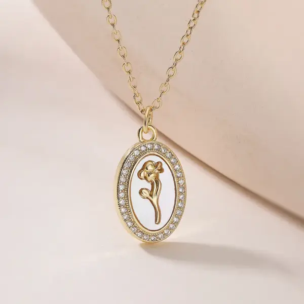 Wholesale Minimalist Vintage Copper Plated 18K Gold Inlaid Zircon Mother-of-Pearl Rose Flower Oval Pendant Necklace For Women Geometric