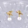 Wholesale 1 Pair Basic Simple Style Knot 304 Stainless Steel Titanium Steel Artificial Pearls 18K Gold Plated Vacuum Plating PVD Coated Drop Earrings