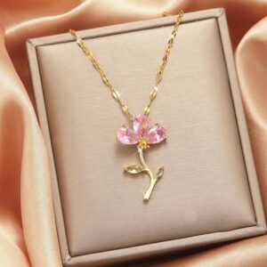 X5507# Pink Zircon Leaf Flower Necklace