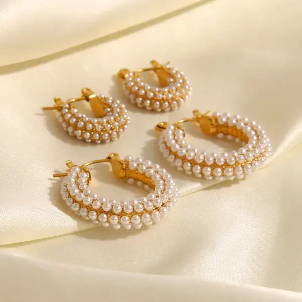 Wholesale 304 Stainless Steel Geometric PVD Coated Artificial Pearls 18K Gold Plated Real Gold Plated Fashion Waterproof Non Tarnish Inlay Gold Earrings