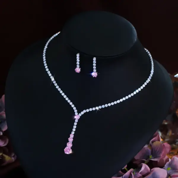 Wholesale Round Waterproof Non Tarnish Jewelry Set For Women In Copper With Rhodium Plated Water Plating And Zircon Inlay Featuring Tennis Chain