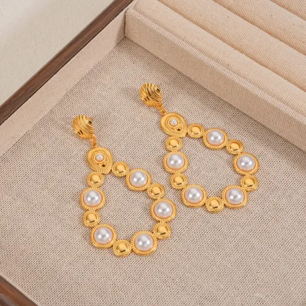 Wholesale Imitation Gold Plated 304 Stainless Steel Water Plated Artificial Gemstone Water Drop Hollow Vacuum Electroplated Waterproof Non-Fading Earrings For Women
