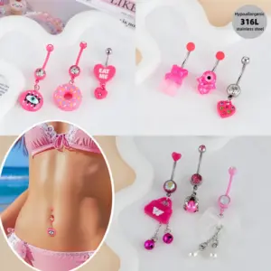 Wholesale Pink Cute Bear Devil's Eye Navel Ring Resin Baking Paint Navel Studs Belly Button Jewelry For Women