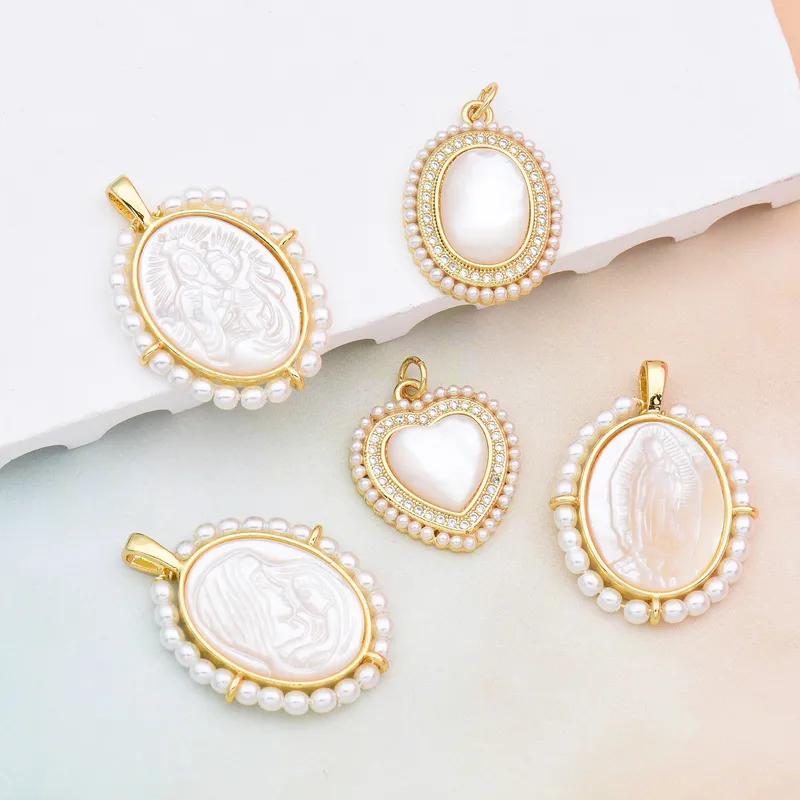 Wholesale 1 Piece Copper Artificial Pearls Shell 18K Gold Plated Virgin Mary Oval Heart Shape Polished Pendant