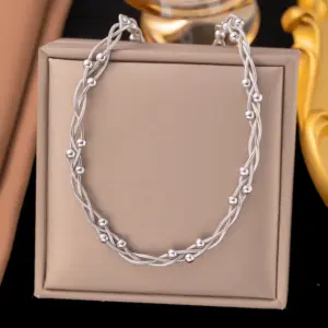 【QYH1166】Three-Layer Round Snake Clip Bead Necklace / Steel Color