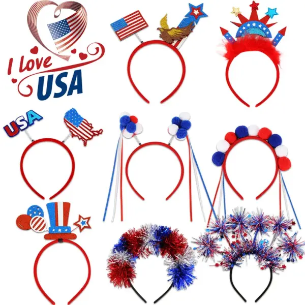 Wholesale American Patriotic Party Headband Decoration Red Silver Blue Striped Headband Flag Star Ball Headband For Parades