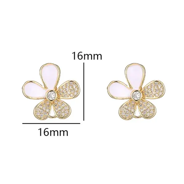Wholesale Enamel Flowers Stud Earrings In Copper With 14K Real Gold Plated And Rhinestones, Featuring 925 Sterling Silver Ear Pins