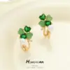 Wholesale Heart Shape Stud Earrings For Women With Copper And Cat's Eye Stone Inlay, Featuring 925 Sterling Silver Posts In Green