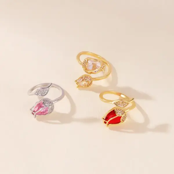 Wholesale Petal Open Ring For Women Featuring Natural Stone Inlay With 18K Real Gold Plated Copper And Water Plating Stone Texture