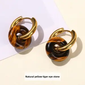 Natural Yellow Tiger Eye Stone Earrings / 18–15 mm