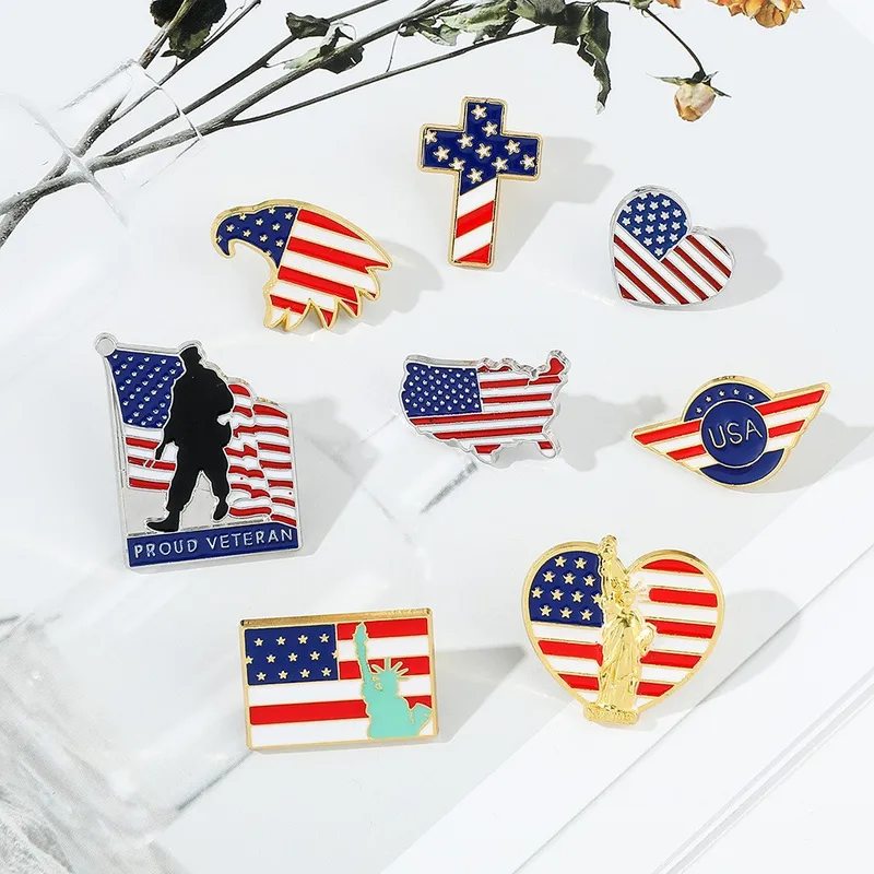 Wholesale Independence Day American Flag Brooch Statue Of Liberty Oil Dripping Creative Bag Clothing Alloy Love Collar Pin Jewelry