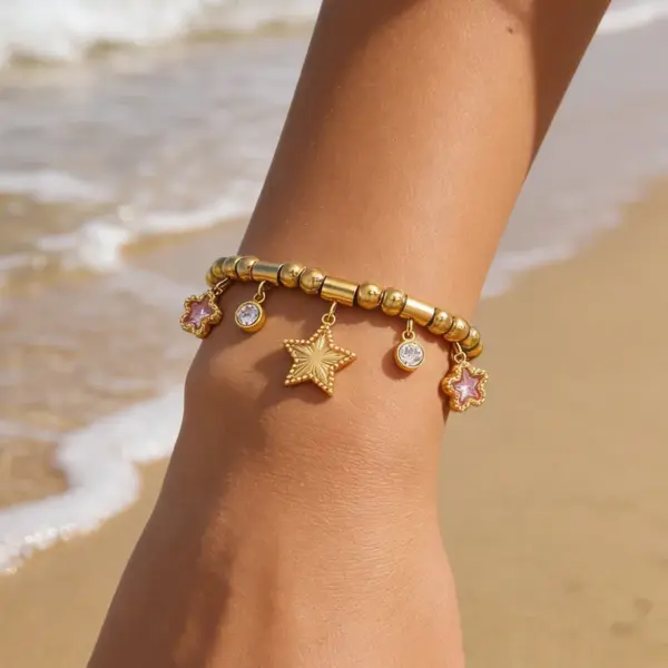 oly-9ae60e64fcf6fc142e63956f87ad0e37 Wholesale Star Waterproof Couple Bracelets In 304 Stainless Steel With 18K Gold Plated Finish And Zircon Inlay On Snake Chain
