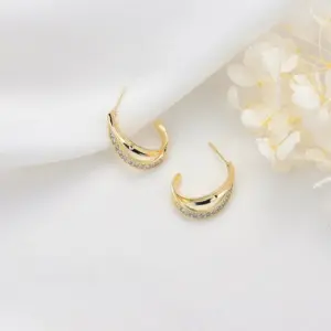 Wholesale C Shape Stud Earrings For Women Featuring 925 Sterling Silver Posts With 14K Real Gold Plated Copper And Zircon Inlay