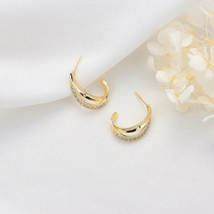 Wholesale C Shape Stud Earrings For Women Featuring 925 Sterling Silver Posts With 14K Real Gold Plated Copper And Zircon Inlay