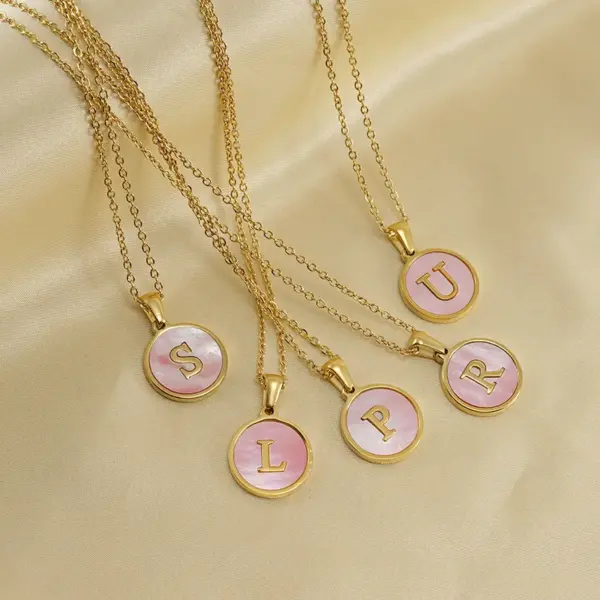 oly-9b62416c20d3c456f979a62dc5a42eaf Wholesale PVD Coated 18K Gold Plated Round Letter 304 Stainless Steel Titanium Steel Fashion Waterproof Non Tarnish 304 Stainless Steel Pendant Necklace