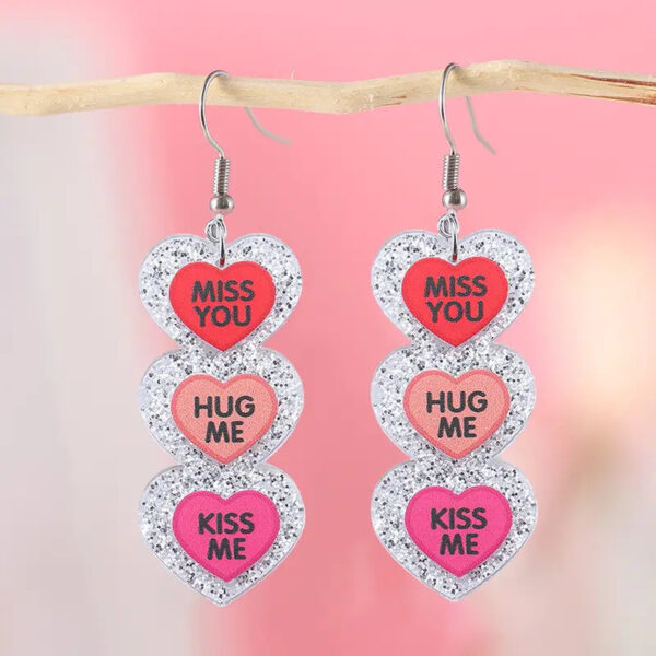 Wholesale three-color love stitching earrings Valentine's Day romantic English heart glitter pendant earrings