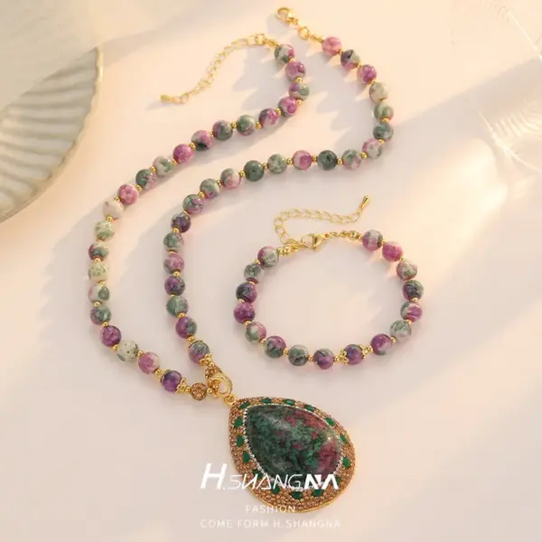 Wholesale Women’s Jewelry Set Featuring Water Droplets Pattern With Electroplated Copper And Natural Stone Inlay, 1 Set