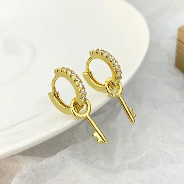 Wholesale Ins Style Simple Key Earrings Copper Inlaid Zircon Hoop Fashion Women's Earrings Daily Wear Dangling Earrings Imitation Gold Plated Universal Electroplated