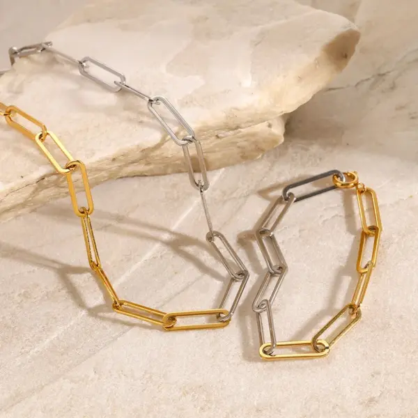 Wholesale Jewelry Simple Style Classic Style Paper Clip 304 Stainless Steel 18K Gold Plated PVD Coated Mixed Metal Bracelets Necklace